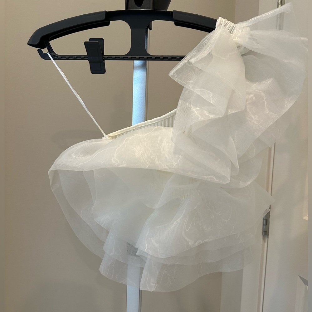 Zara White, one-shoulder, organza, ribbed crop top (size s)